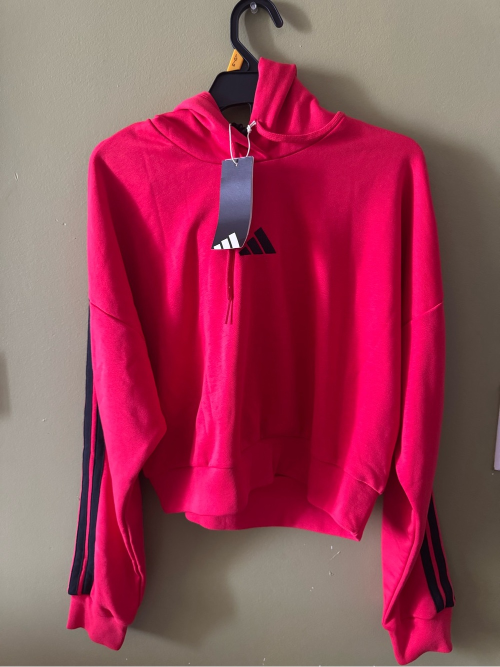 adidas Women's Bright Pink Crew Neck Hoodie with Black Stripes